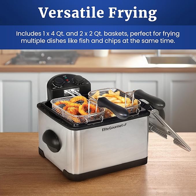 Elite Gourmet EDF-401T Electric 4.5 Qt. / 17 Cup Immersion Deep Fryer 3-Baskets, 1700-Watt, Timer Control Adjustable Temperature, Lid with Viewing Window and Odor Free Filter
