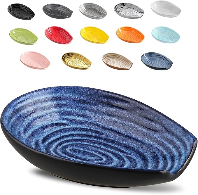 Hasense Ceramic Spoon Rest for Kitchen Counter, 5.7 Inch Blue Porcelain Spoon Holder Farmhouse Cooking and Coffee Spoon Rest for Stove Top, 1 PC