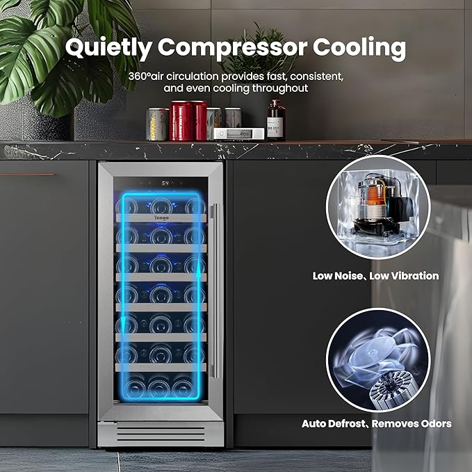 Yeego 15 Inch Wine Fridge Cooler - 33 Bottles Wine Cooler with Glass Door, 40-65℉ Built-In or Freestanding Refrigerator, Under Counter Wine Fridge for Kitchen Bar Office (Left-Hinged)