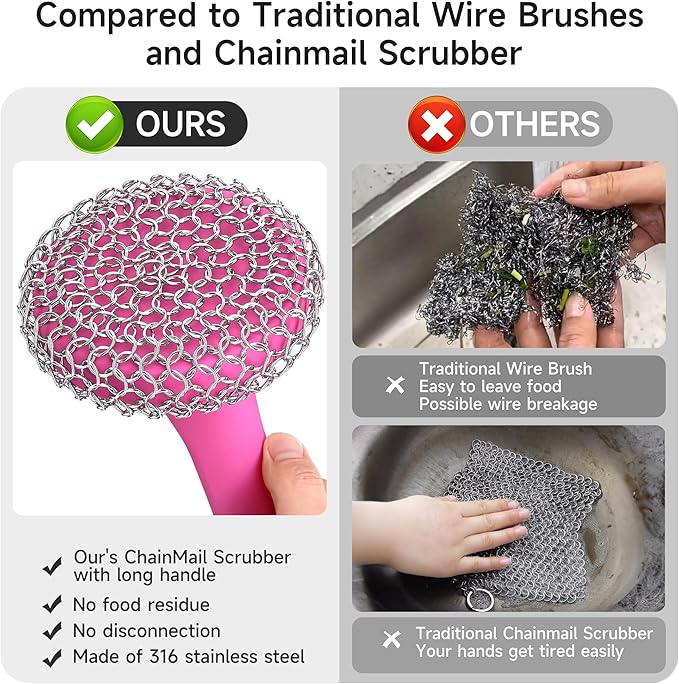 SUBEKYU Cast Iron Scrubber with Silicone Handle, Stainless Steel Skillet Cleaner for Cast Iron Pans (Pink Scrubber + Scraper)