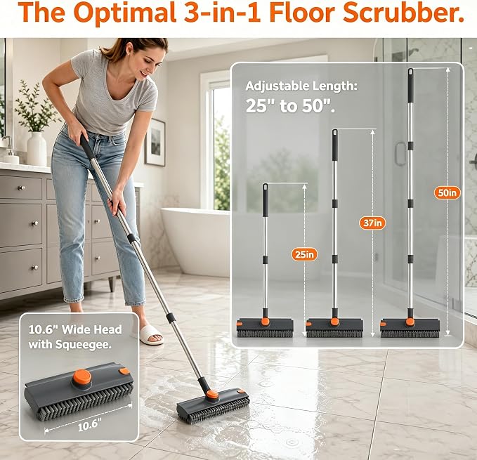 3-in-1 Floor Scrub Brush with Long Handle, Rotating Head Squeegee & Tweezer | - Image 5