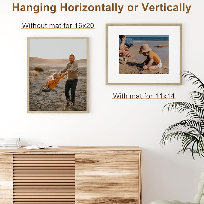 Vittanly 16x20 Picture Frame, Solid Wood Frame with Plexiglass, Includes 11x14 Mat, Wall Hanging for Photos, Home Decor, Light OAK, 1 Pack