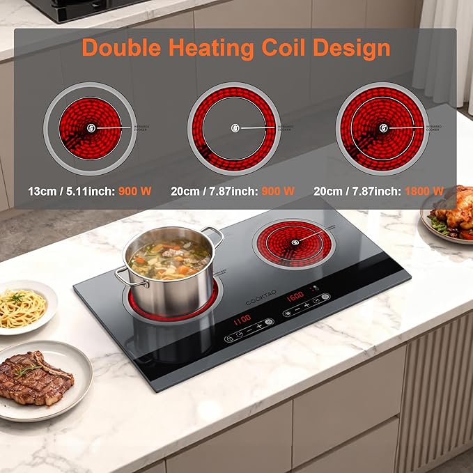 Dual Coil Design of 2 Burner Electric Cooktop, 1800W Ceramic Hot Plate for Cooking, Infrared Double Burner Portable Countertop or 24inch Built-in Radiant Stove Top Cooker, Compatible with All Cookware