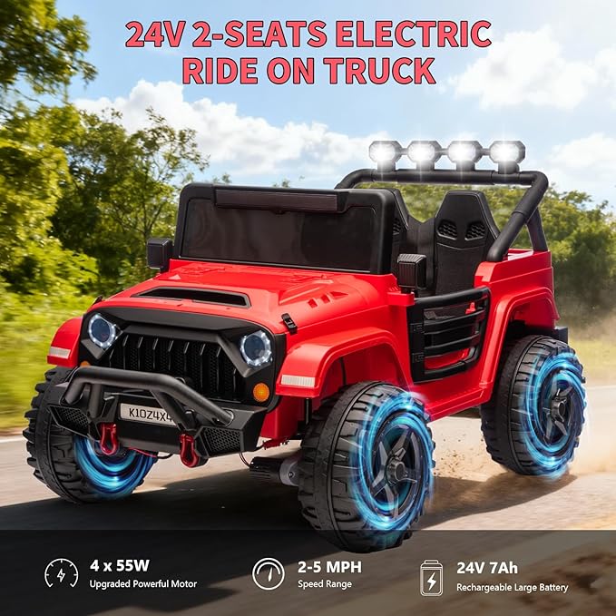 Kids 24v 2-Seater Electric Ride on Car,24v 4x4 Kids Electric Truck with Remote Control,2-Seater Ride-on Car, Spring Suspension & LED Lights for Backyard Exploration
