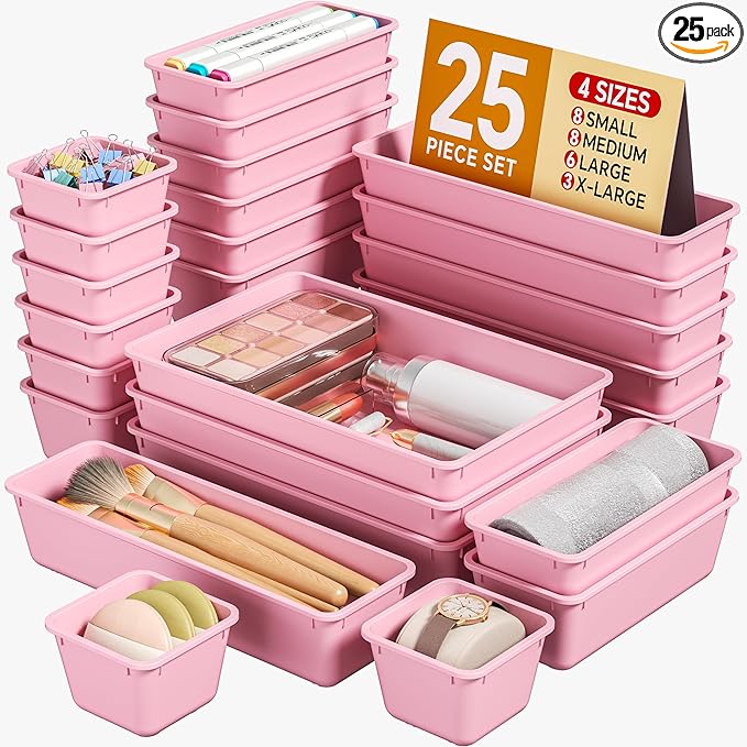 KEMETHY 25 PCS Plastic Drawer Organizers Set, 4 Sizes Vanity Organizer | Makeup by KEMETHYFocusesonCreatingEfficientStorageProductswithQualityMaterials