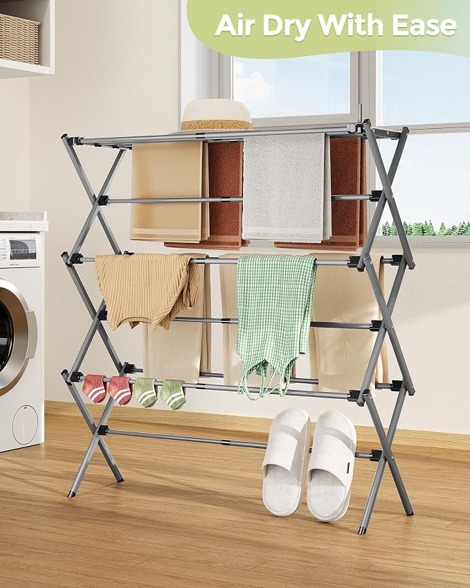 3-Tier Foldable Clothes Drying Rack, 37.6" H, Tool-free Assembly, Extendable - Image 7
