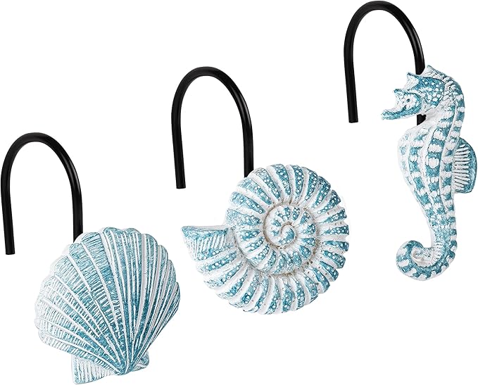 Sunlit Seashells Decorative Shower Curtain Hooks, Aqua Blue Ocean Creatures by Sunlit