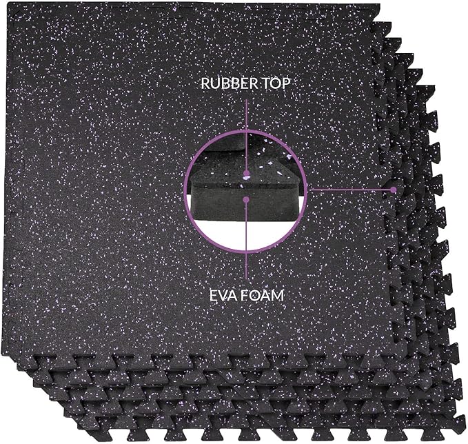 Xspec 1/2" Thick 48 sq ft (12 Tiles) Interlocking Rubber Top EVA Foam Exercise Mat | Home Gym Mats Workout Flooring Tiles for Gyms, Fitness Rooms | Durable Grip Protective Flooring, Black/Purple