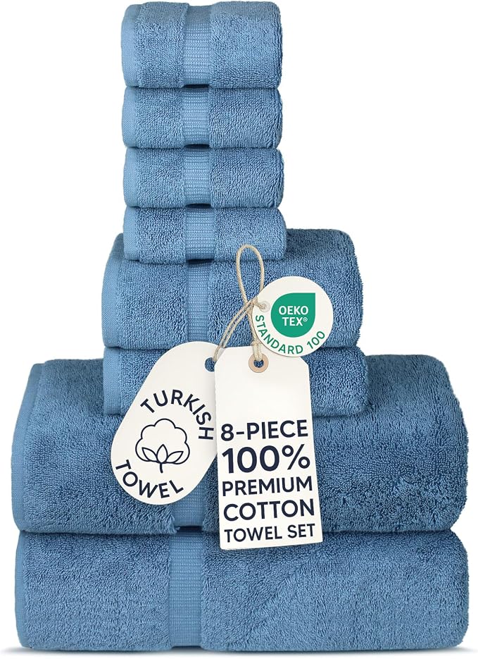 Chakir Turkish Linens 100% Cotton 8-Piece Towel Set, Wedgewood | Premium Towel by ChakirTurkishLinens