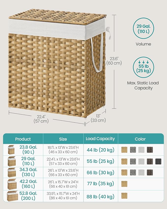 SONGMICS Laundry Hamper with Lid, 110L Double Wicker Basket, 6 Mesh Bags - Image 6