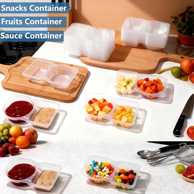20 Pack Reusable Snack Containers with Lids, Double Compartment Snack Containers for kids & Adults -2 Compartment Condiment Containers, Dishwasher & Microwave Safe, for Portion Control, Meal Prep
