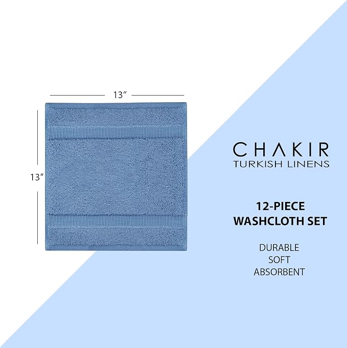Chakir Turkish Linens 100% Cotton 12-Pack Washcloths 13x13, Wedgewood | Premium - Image 5