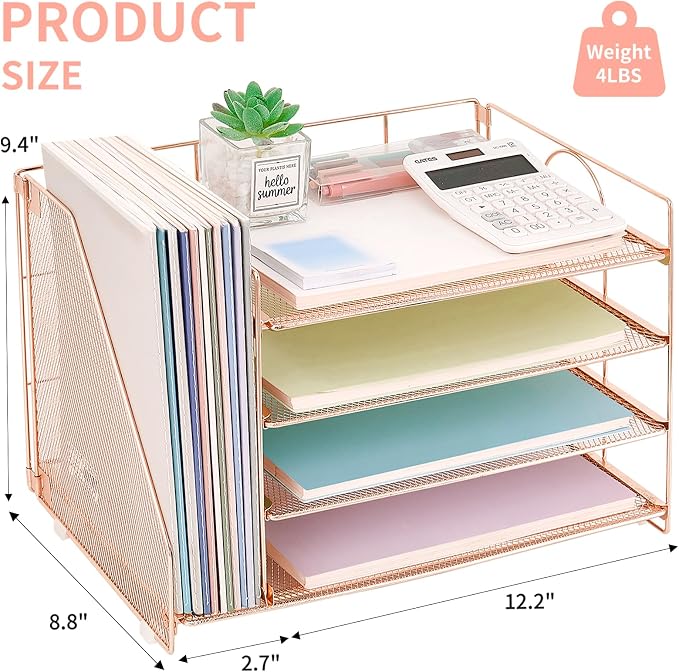 OPNICE Desk Organizer, 4-Tier Paper Organizer Letter Tray, Rose Gold | Desk - Image 2