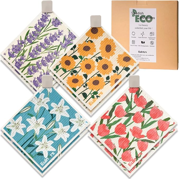 Eulnars Swedish Dishcloths for Kitchen, 8 Pack Flower Reusable Paper Towels by Eulnars