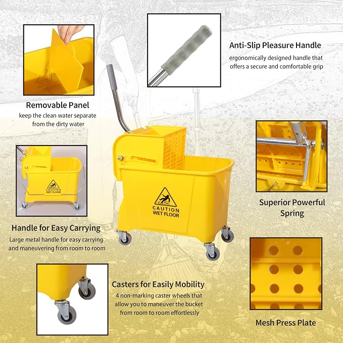 22-Qt Mop Bucket with Wringer on Wheels, Cotton Mop Included - Image 2