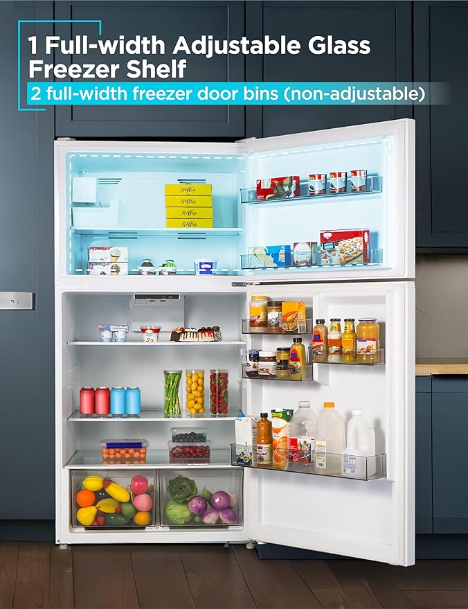BLACK+DECKER 24 Cu. Ft. Top Mount Refrigerator with Ice Maker, 2-Door Refrigerator with Top Freezer, Freezer with Icemaker and Adjustable Temperature Control, ENERGY STAR, BR2400JIMW, White