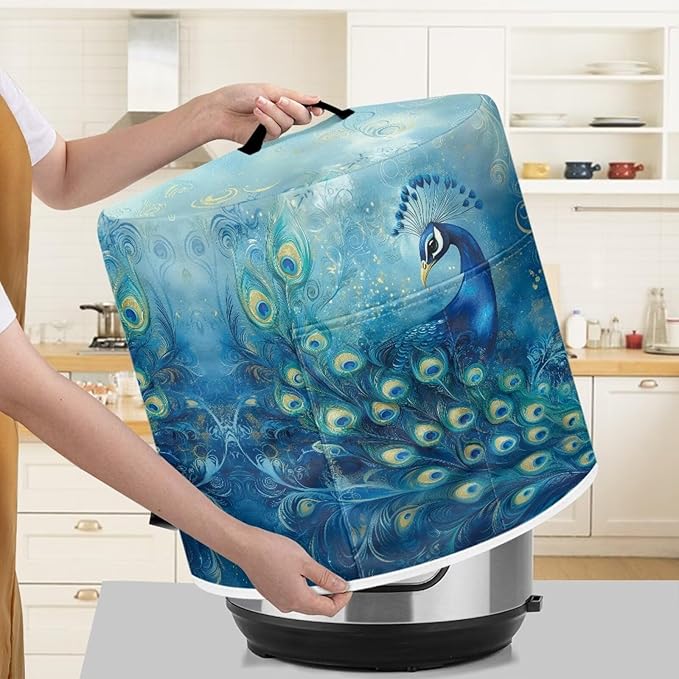 Xoenoiee Peacock Pattern Kitchen Appliance Dust Covers with Pockets, Electric Pressure Cooker Cover for 8qt Compatible with Crock Pot, Rice Cooker Cover, Large