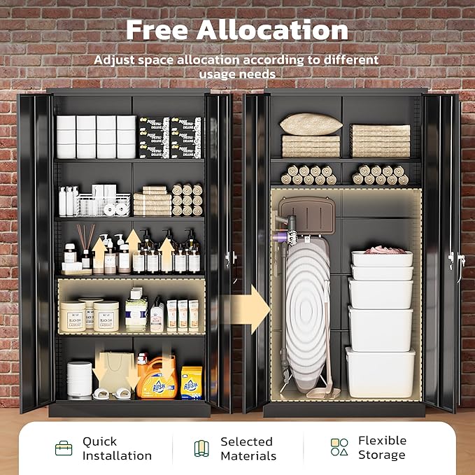 Greenvelly Metal Garage Storage Cabinet with 2 Doors and 4 Adjustable Shelves, 72”H Steel Lockable Storage Cabinet,Tall Metal Cabinet Locking File Cabinet for Office,Home, Garage, Gym, School
