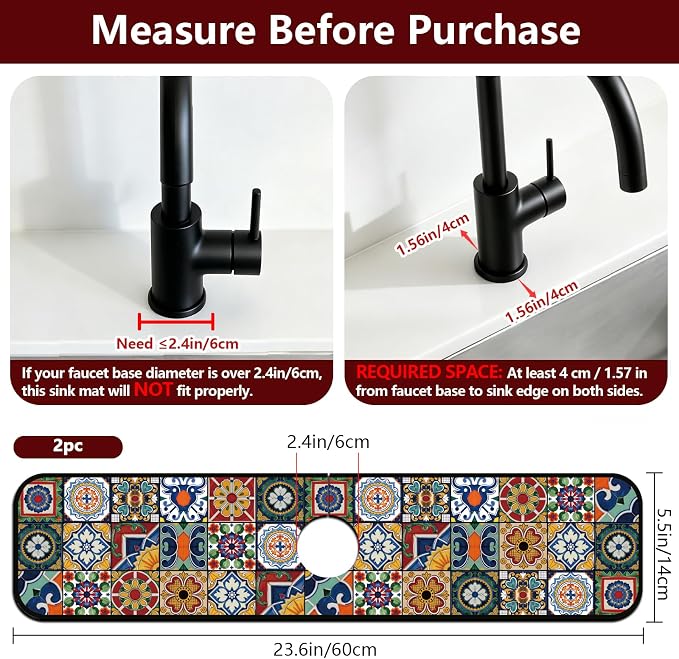 2 Pcs Kitchen Sink Splash Guard Faucet Mat Colored Bohemian Tiles Pattern - Image 2