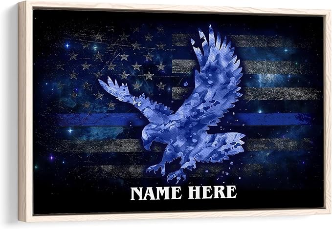 Personalized Police Poster & Framed Canvas, Bald Eagle Drop Thin Blue Line Flag Home Office Decor, Custom Name Bedroom Living Room Aesthetic Wall Art Gift For Policeman, Law Enforcement
