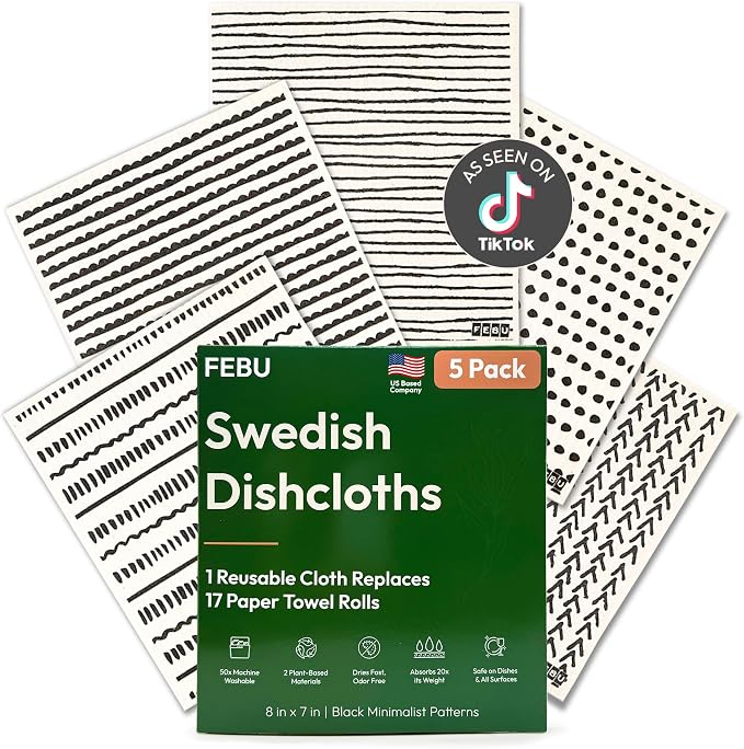FEBU Swedish Dishcloths for Kitchen | 5 Pack Black Minimalist Reusable Paper by FEBU