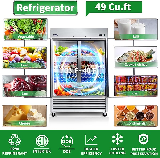 54" W Commercial Reach-In Upright Refrigerator - Double Doors Stainless Steel Fridge, 49 Cu.ft Capacity, 6 Adjustable Shelves, Auto Defrost, Digital thermostat control, LED Lighting