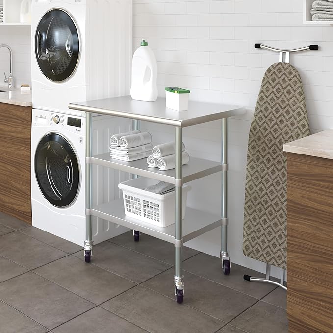 AmGood Stainless Steel Work Table with 2 Shelves and Casters | Metal Utility Table On Wheels (Stainless Steel Work Table with 2 Shelves + Casters, 36" Long x 24" Deep)