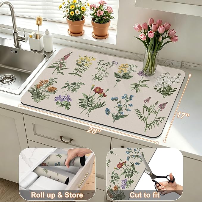 LOKHOM 17"x28" Dish Drying Mat，Vintage Sage Flower Herb Coffee Mat | Ultra - Image 2