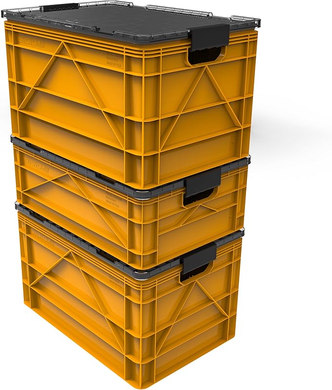 SIDIO CRATE Starter Pack - Two Full Size and One Half Size Heavy Duty Stackable Storage Bins, Totes with Lids and Dividers - Durable Organizer for Home, Office, Garage, and Outdoor Use - Sol
