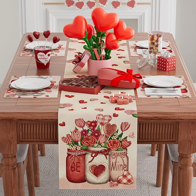 XCHI Roses Flowers Love Hearts Vase Valentine’s Day Table Runner Table Decoration for Party Home Kitchen Dining Dinner Holiday Decor 13x36 Inch