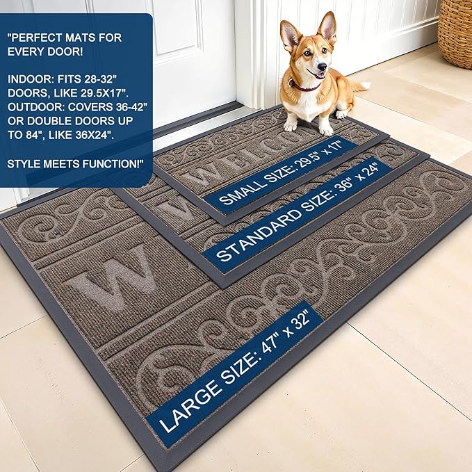OLANLY Welcome Door Mat Indoor Outdoor Entrance, Heavy Duty Sturdy Front Door Mat, Waterproof All-Weather Doormat, Stain Resistant, Low Profile, Easy Clean Patio Entryway Mat, 59 x 35, Medium Brown