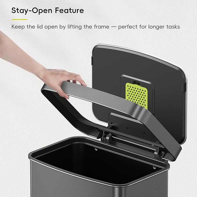 EKO Hudson Stainless Steel 75 Liter/20 Gallon Large Kitchen Trash Can, Tall Step Garbage Can with Rear Bag Storage Compartment, Gunmetal