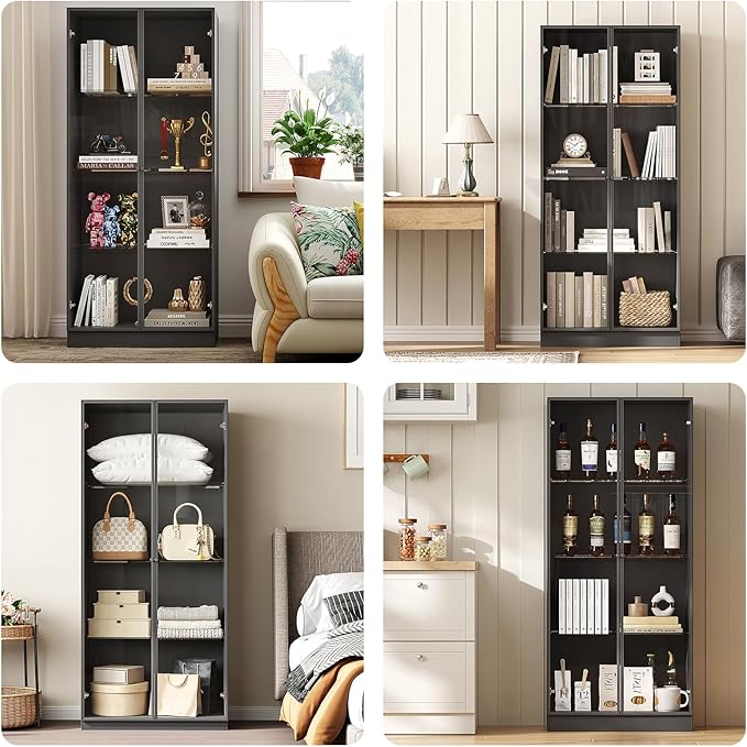 Display Cabinet with LED Lights - Set of 2, Glass Display Case with 3 Adjustable Shelves, Curio Cabinet with 2 Glass Doors, Storage for Collectibles, Living Room