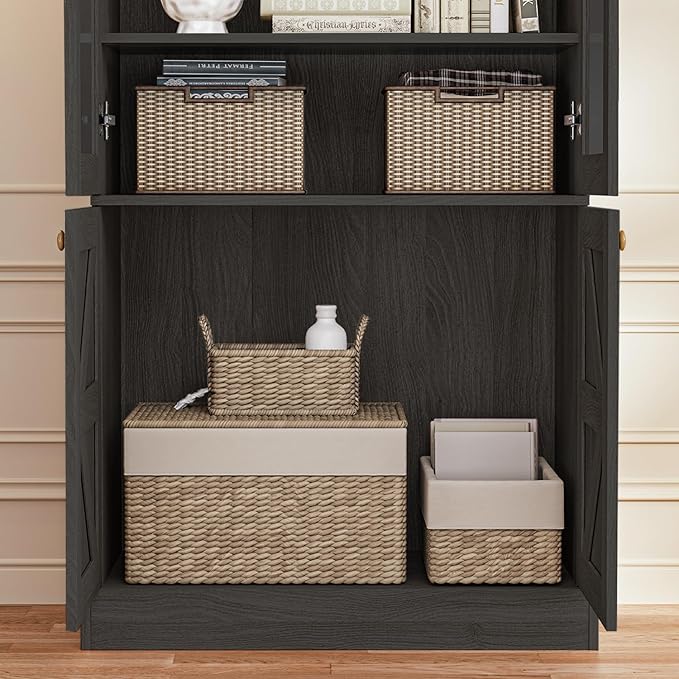 Vyre 71" Tall Farmhouse Kitchen Pantry, Set of 2 Large Storage Cabinets with Glass Doors, Adjustable Shelves, Wood Versatile Hutch Cabinet for Living Room, Dining Room, Black