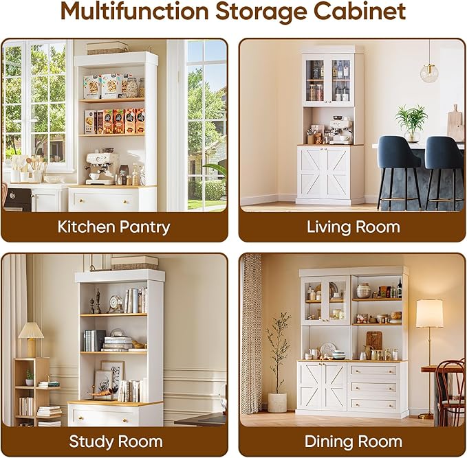 71" Tall Farmhouse Kitchen Pantry, Large Storage Cabinet with Glass Doors, Freestanding Coffee Bar Hutch with Microwave Stand, Adjustable Shelves for Kitchen, Living Room, White 3 Pcs
