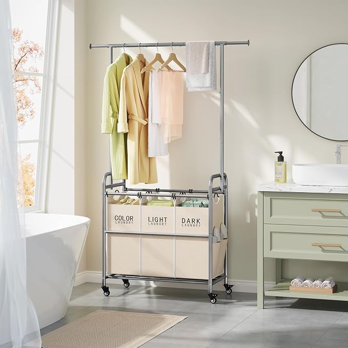Tajsoon Laundry Hamper with Hanging Rack, Laundry Sorter 3 Section - Image 8