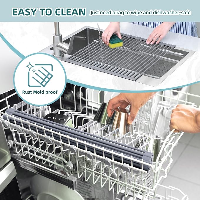 Ohuhu Over Sink Dish Drying Rack Silicone Wrapped 17.6" W x 15.4" L Large Over - Image 6