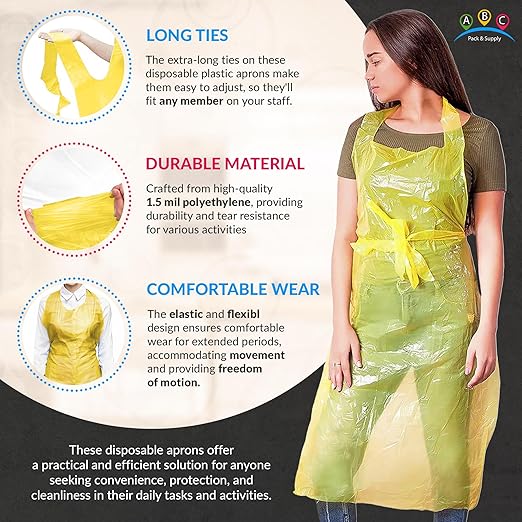 ABC PACK & SUPPLY Yellow Plastic Disposable Aprons Adults for Painting, 28 x 46 Inches. Pack of 500 Disposable Plastic Aprons, 1.5 Mil. Unisex Waterproof Polyethylene Painting Apron for Food Industry