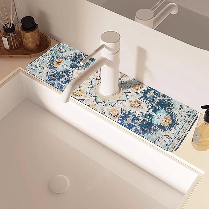 Oriental Blue Turkish Carpet Pattern Sink Faucet Absorbing Mat Sink Splash - Image 2