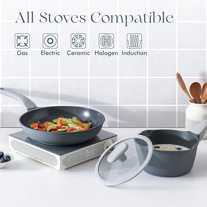 PRICUSIS Nonstick Ceramic Frying Pan Skillet, 8+12 Inch Induction Compatible with Stay Cool Handle, Healthy PTFE PFAS & PFOA Free Omelet Pan, Dishwasher Safe (Blueberry Gray)