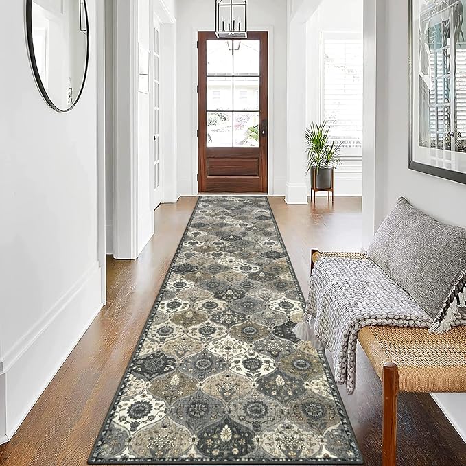 Lahome Moroccan Washable Runner Rug Non Slip, 2x10 Runner Rugs for Hallway 2x10 Vintage Ultra-Thin Throw Long Carpet for Kitchen Entryway Bedroom Laundry Room, Grey