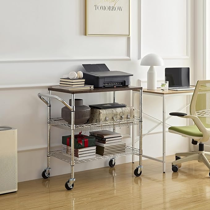 Rolling Kitchen Carts on Wheels With Storage,650Lbs Heavy Duty Metal Cart with Wheels,3 Tier Rolling Cart with Wooden Top,NSF Utility Cart with Handle for Food Cart Serving Carts,30.3"L*31.9"H*18.1"W