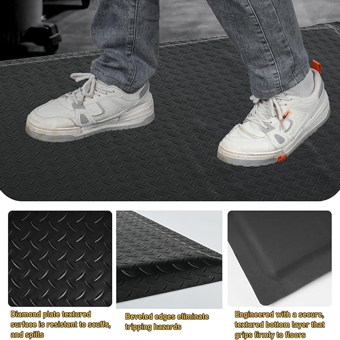 Nisorpa Anti Fatigue Mats Industrial 2' x 6' Ergonomic Standing Mat 15/16" Extra Thick Cushioned Shop Floor Mats Kitchen Mats Heavy Duty Commercial Diamond Plate Support for Leg & Back Pain, Black
