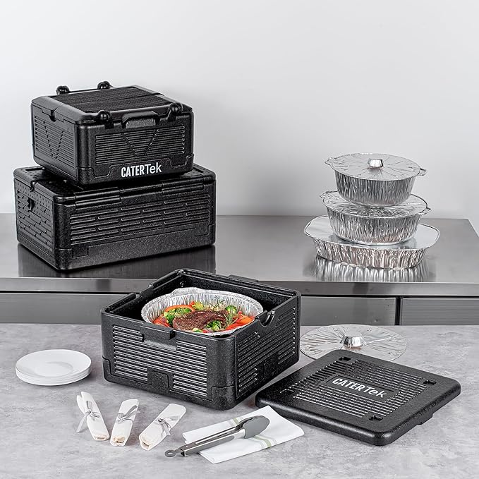 Restaurantware-Cater Tek 14 Quart Catering Hot Box, 1 Top Load Insulated Food Pan Carrier - Holds 1 Full Size 8” Deep Pan, Collapsible, Black EPP Plastic Food Box With Handles, Portable, For Buffet