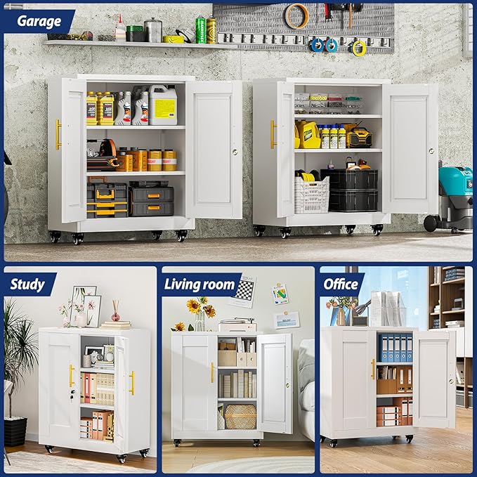 Metal Storage Cabinet-35” Tall Steel File Cabinets with Lockable Doors and Adjustable Shelves, Steel Tool Cabinet with Wheel for Home, School, Office, Garage White