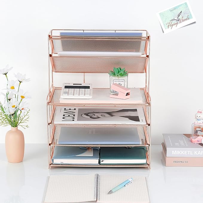 OPNICE Desk Organizer, 6-Tier Paper Organizer Letter Tray, Rose Gold | Desk - Image 3
