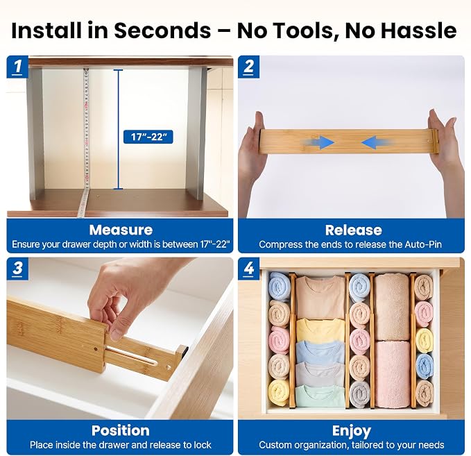 4 Pack 2.36" Bamboo Drawer Dividers, 17-22" Expandable Kitchen Organizers | - Image 5
