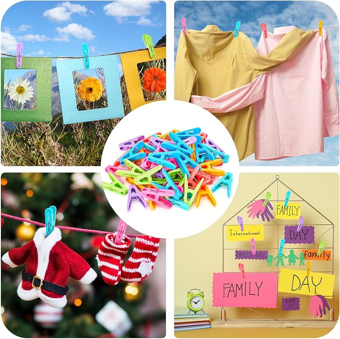 56 PCS Clothespins Plastic Small Clips 2 inch Clothes Pins 7 Colors | 7 Bright - Image 2