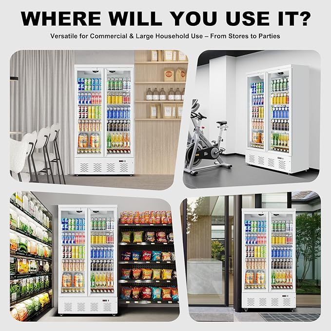 30.5 Cu.Ft White Commercial Refrigerators 2 Glass Door Commercial Beverage Refrigerators Upright Display Cooler with Soft LED Light and 10 Adjustable Shelves for Restaurant Grocery Stores Home