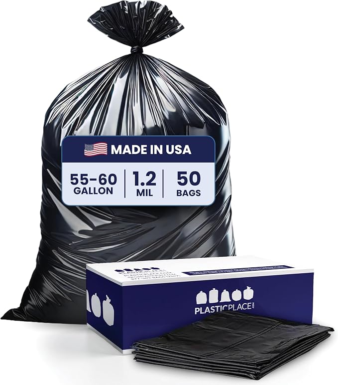 Plasticplace 55-60 Gallon Trash Bags │ 1.2 Mil │ Black Heavy Duty Garbage Can by Plasticplace